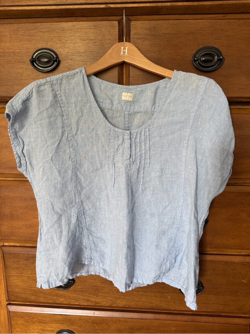 Poetry Light Blue Linen Scoop-Neck Pintuck Blouse